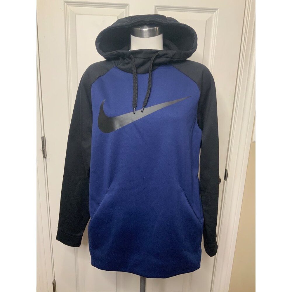 Nike Black & Dark Blue Dri-Fit Nike Swoosh Logo Hooded Sweatshirt Hoodie Size M